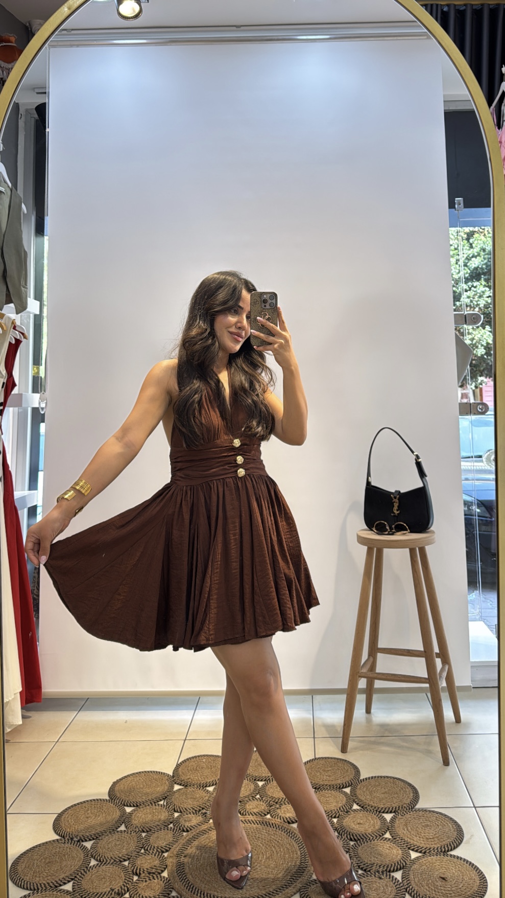 Kahve Mini Gold Düğmeli Elbise 