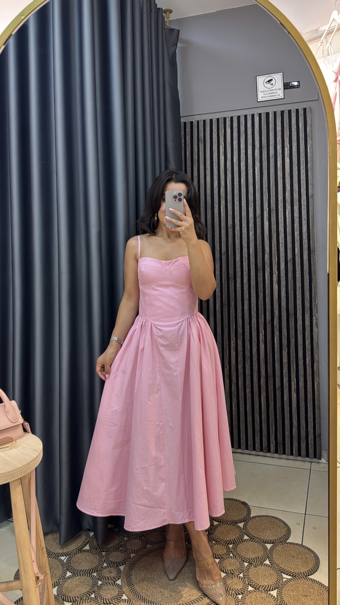 Pembe Midi Belden Korseli  Elbise 