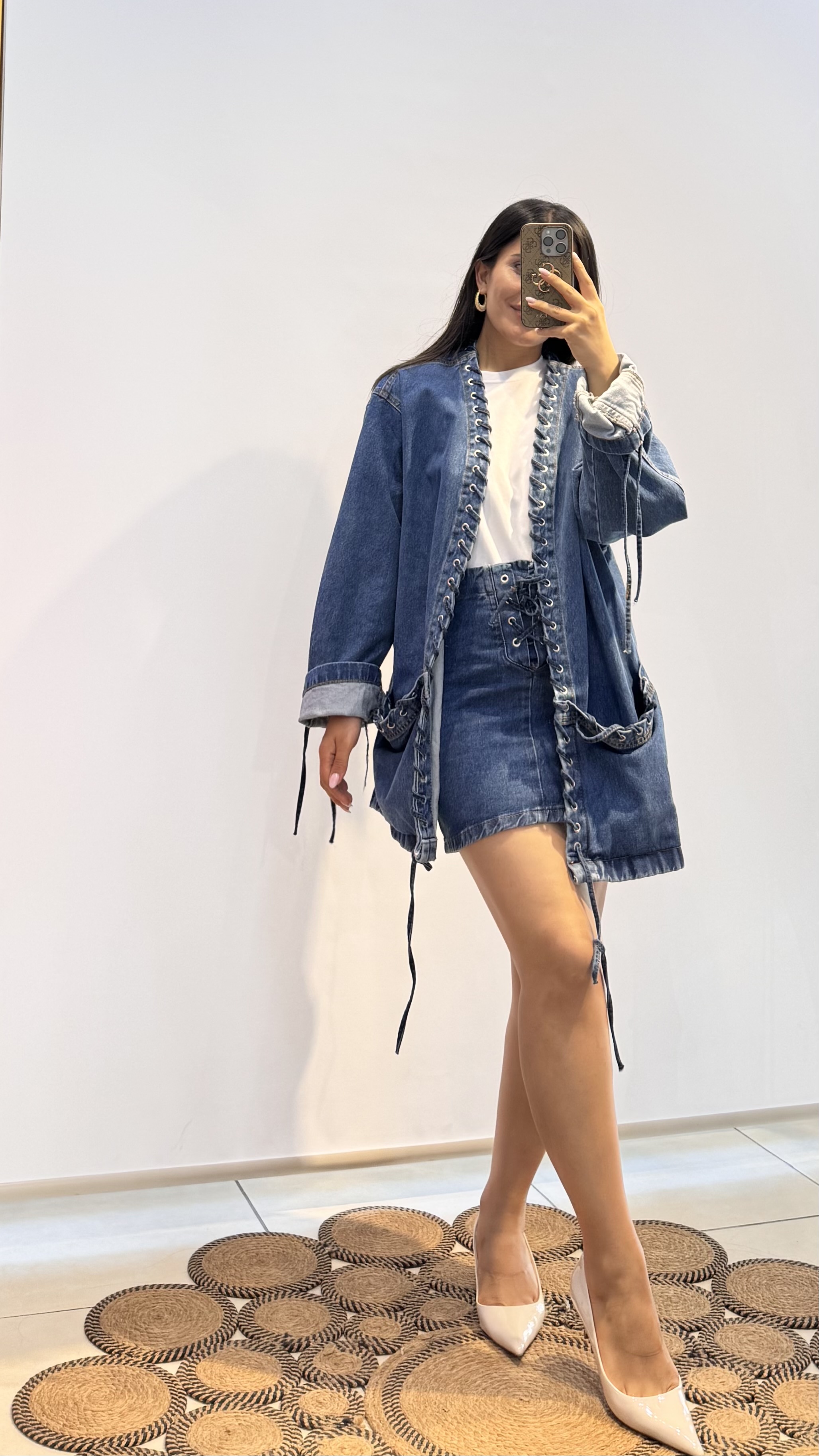 Kuş Gözü Mavi Denim Etekli Takım 