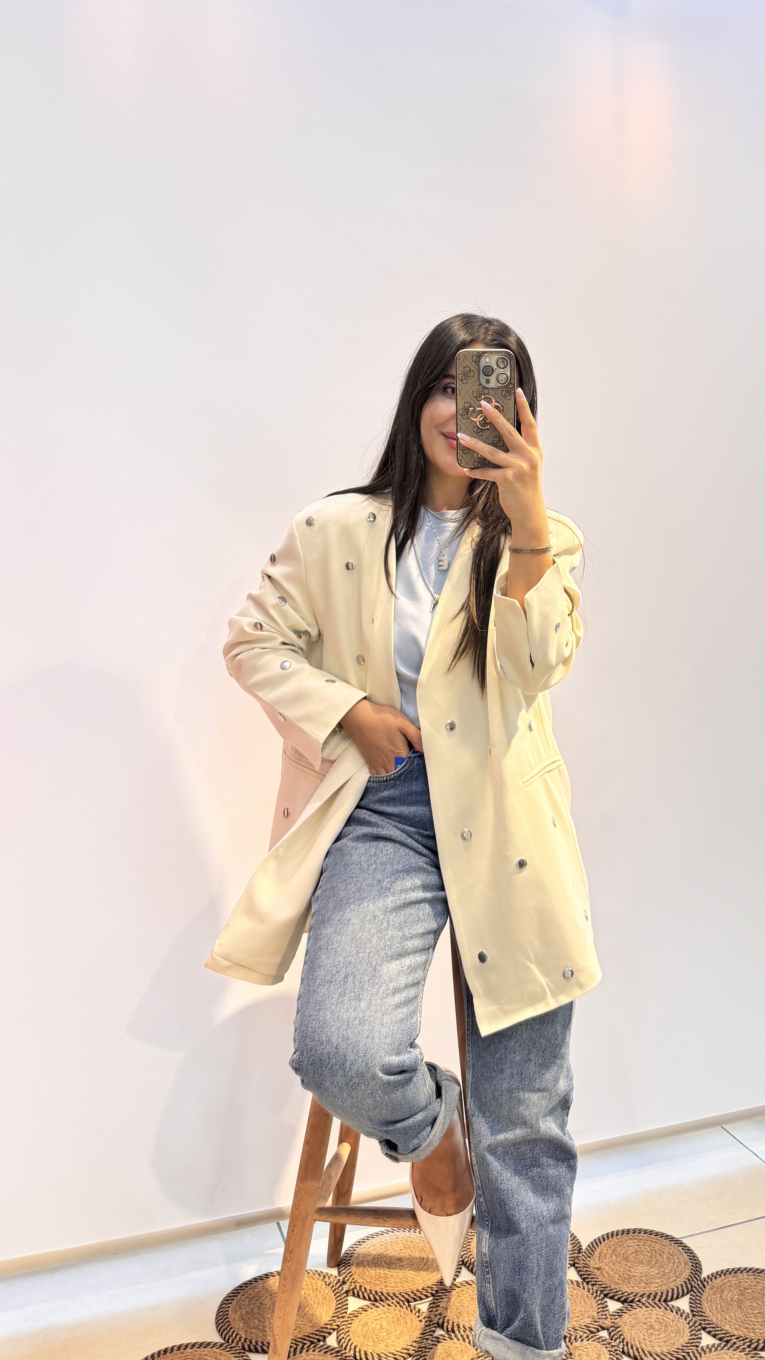 Krem Taş Detaylı Blazer Ceket 