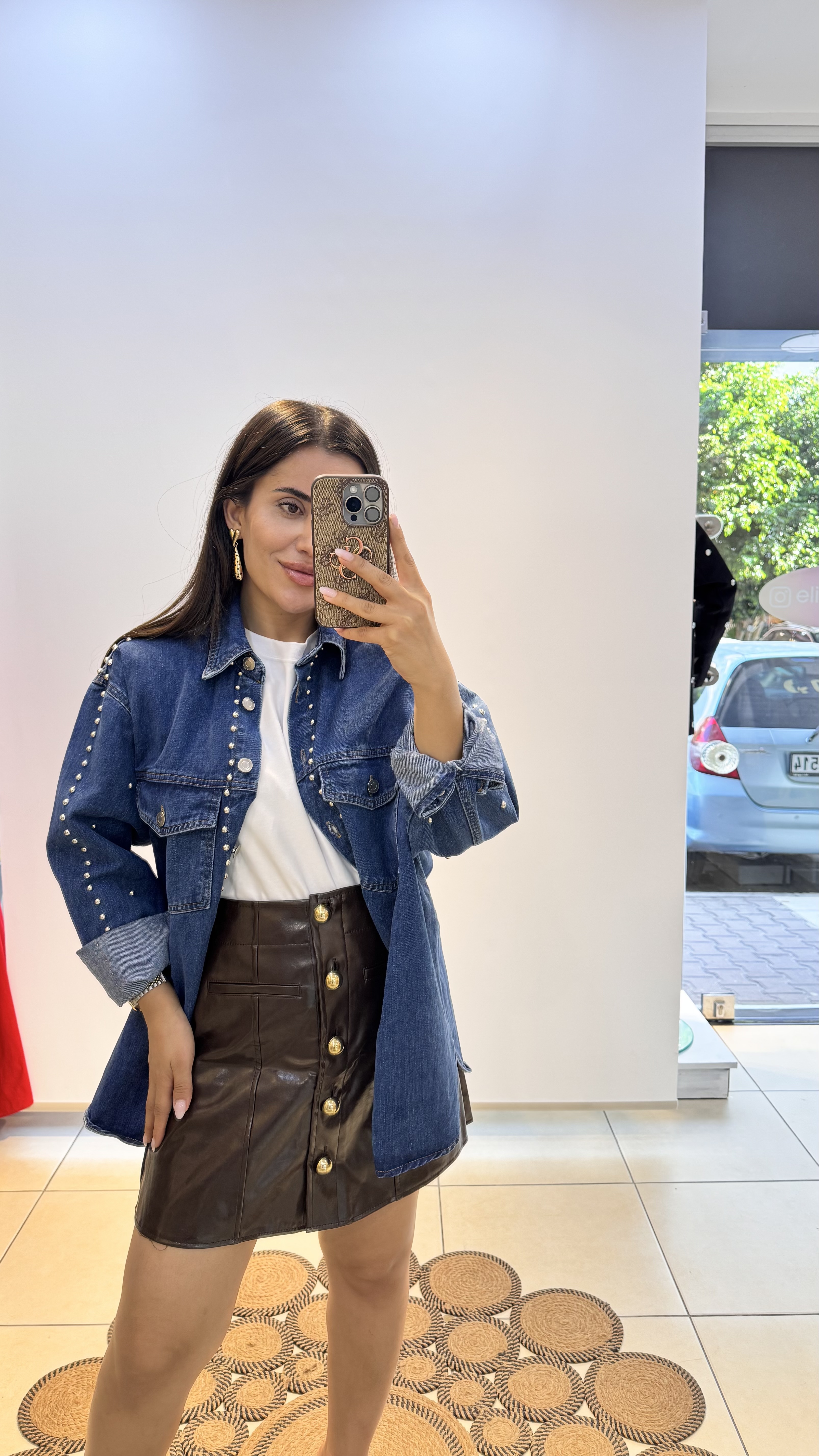 Acı Kahve  Gold Düğmeli Deri Mini Etek  