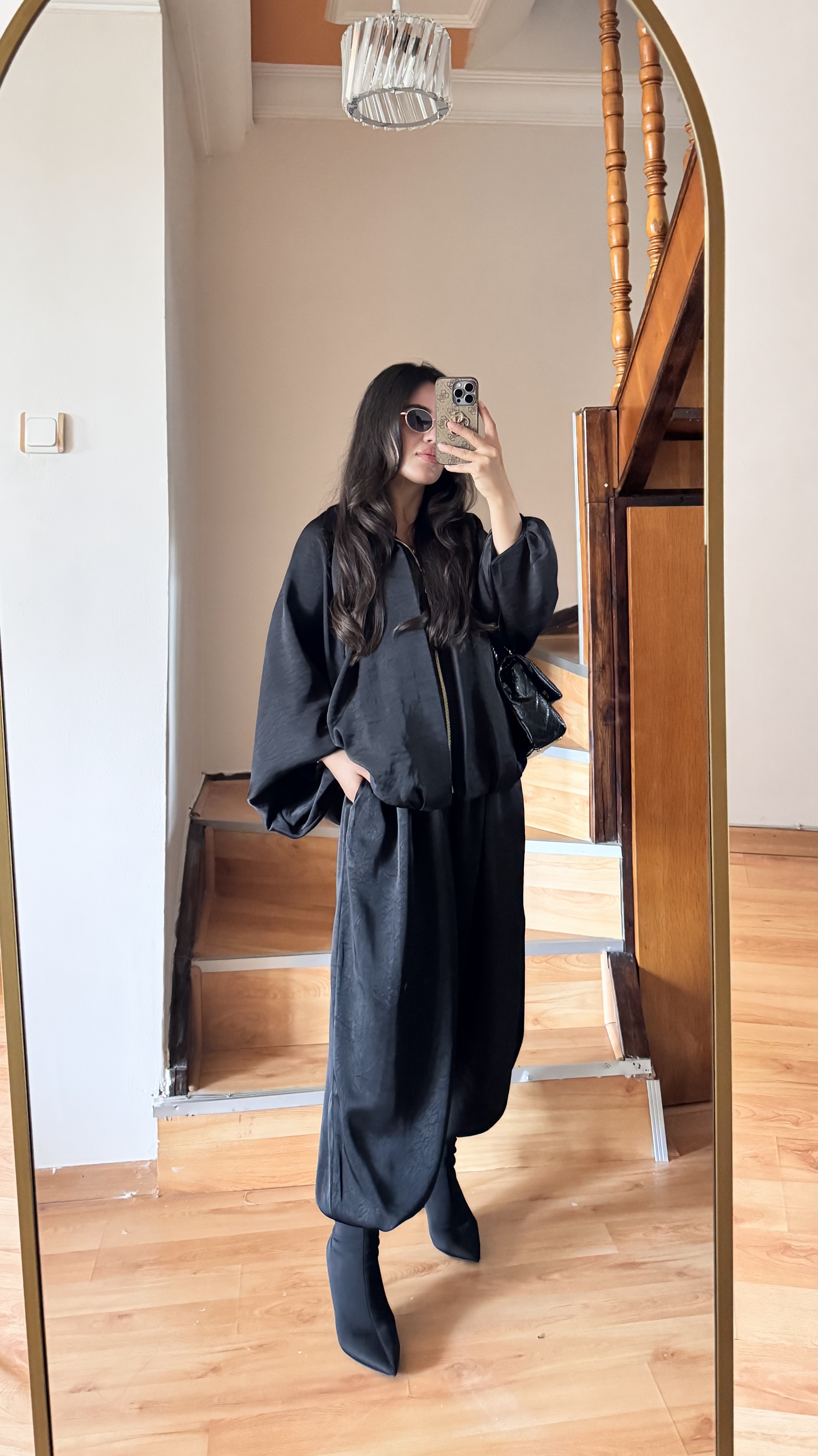 Siyah Saten Bomber Ceket Takım 