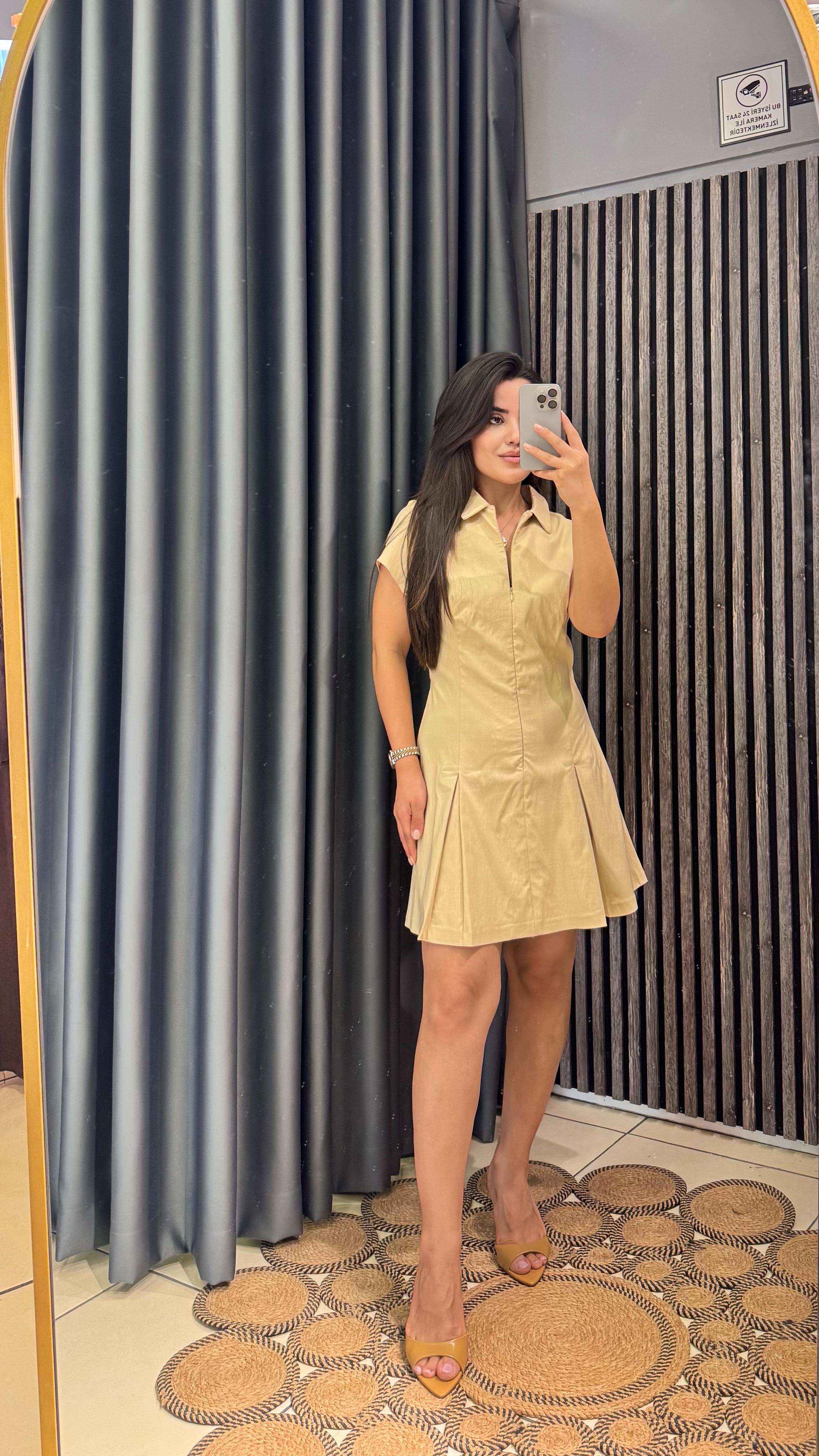 Ekru Likralı Mini Elbise 