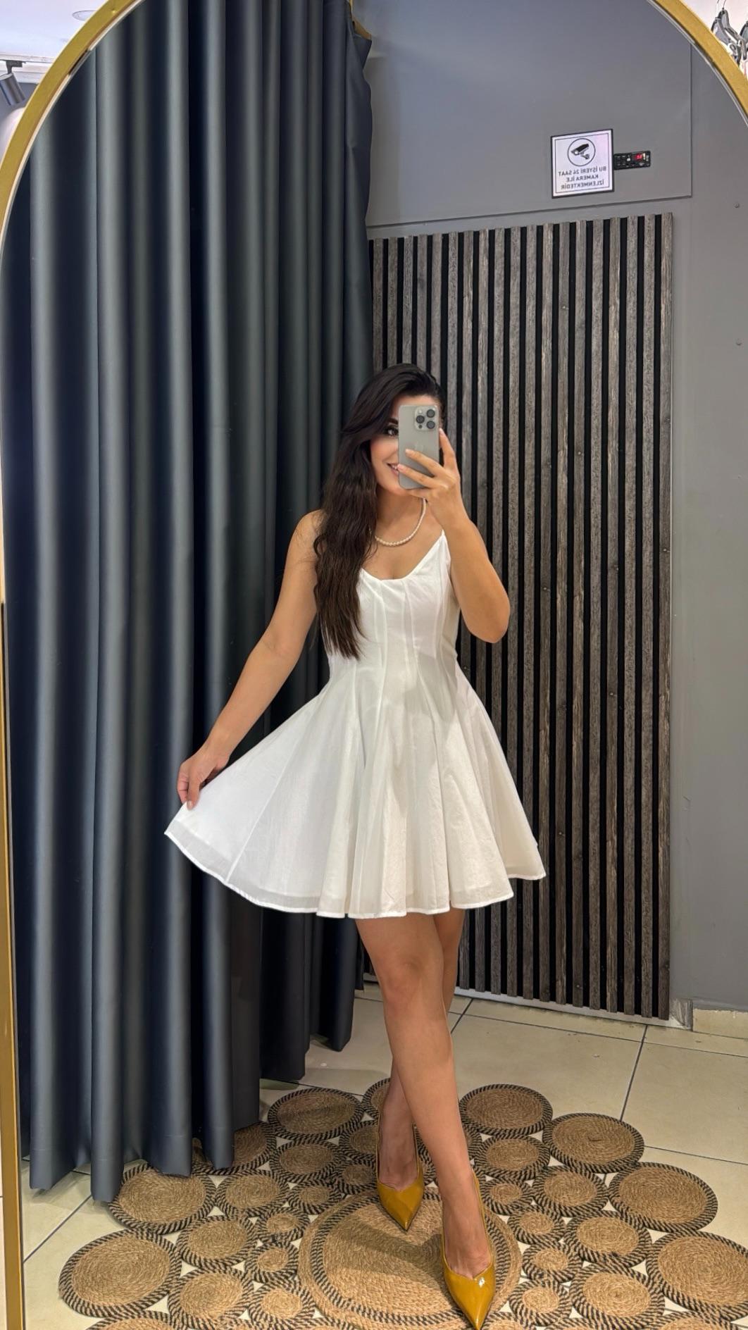 Askılı Mini Elbise Beyaz 