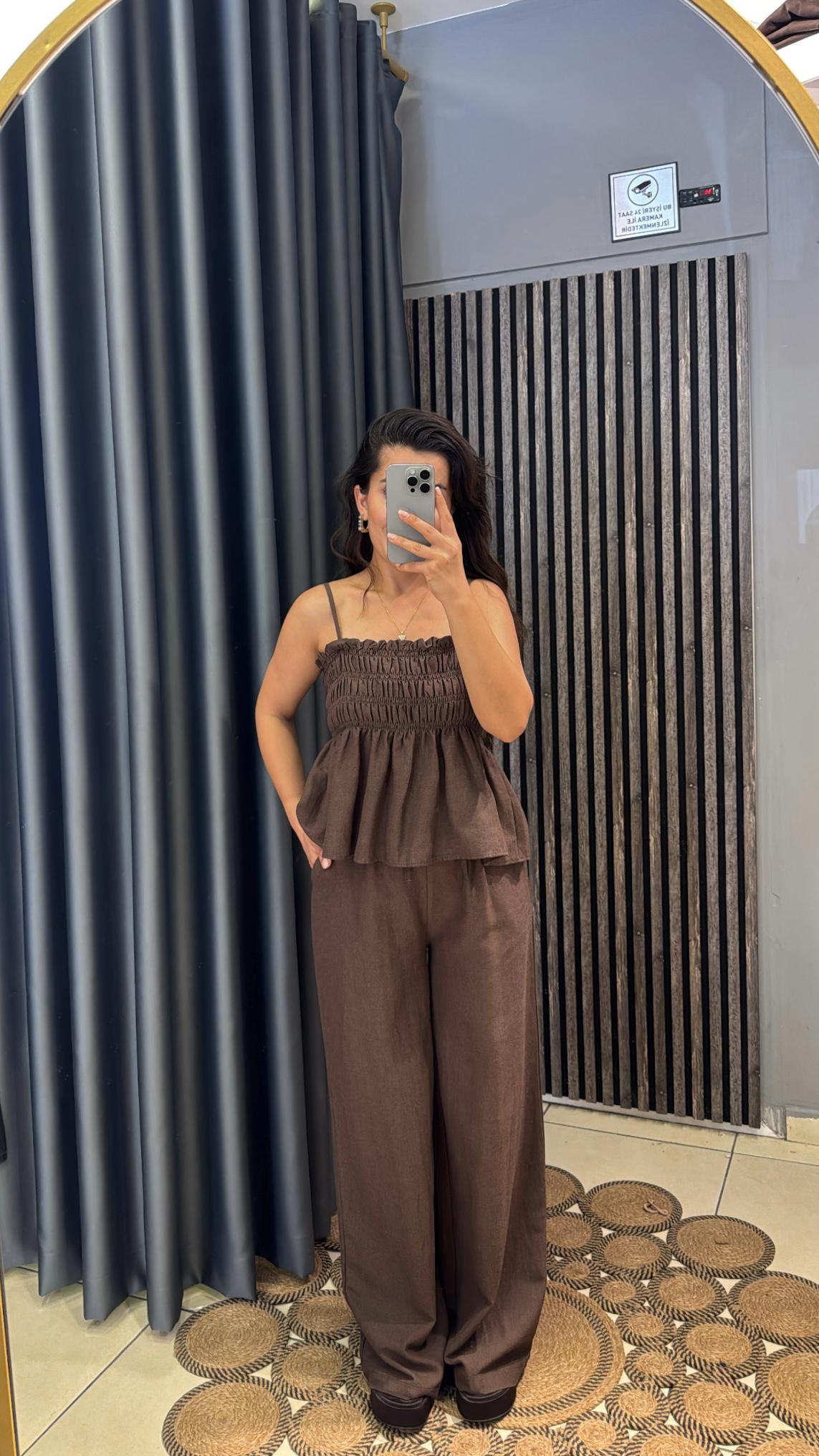 Acı Kahve Gipeli Bluz Pantolon Keten Takım