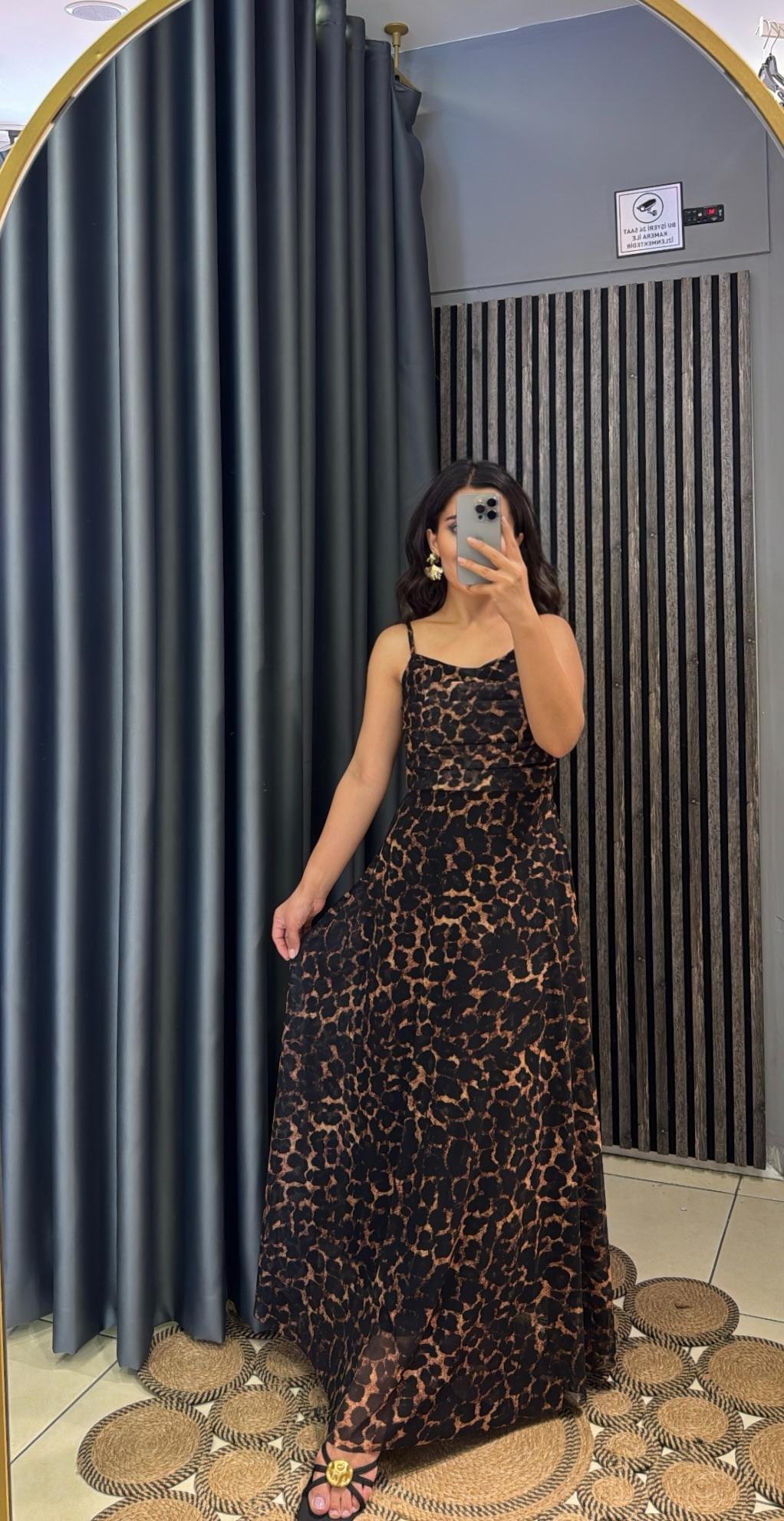 Leopar Önü Büzgülü Tül Elbise 