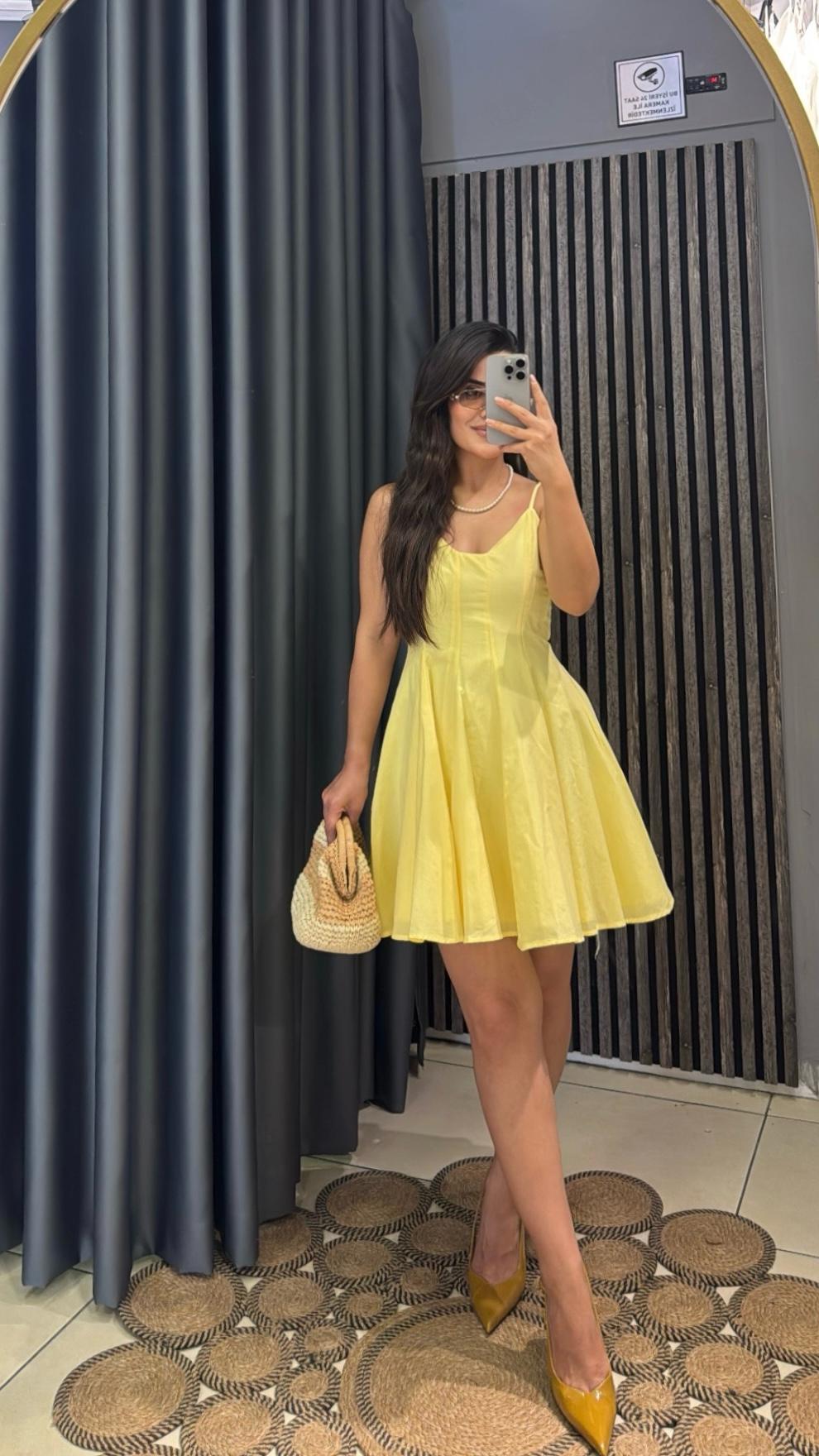 Askılı Mini Elbise Sarı